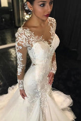 Elegant Long Sleeves Court Train Ivory Wedding Dress With Lace Appliques